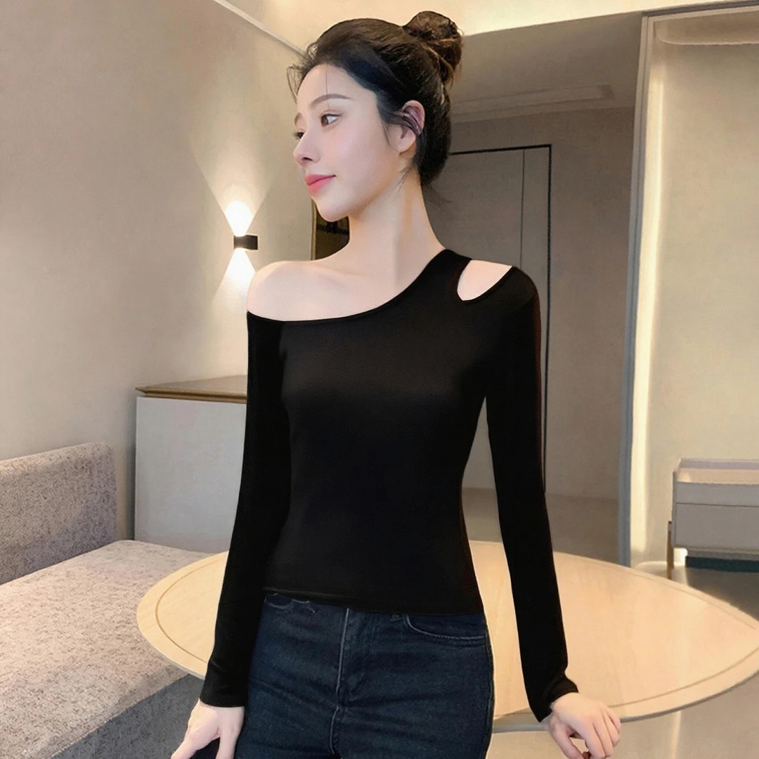 黑色斜肩镂空露肩长袖打底衫女时尚百搭设计感小众修身显瘦t恤秋