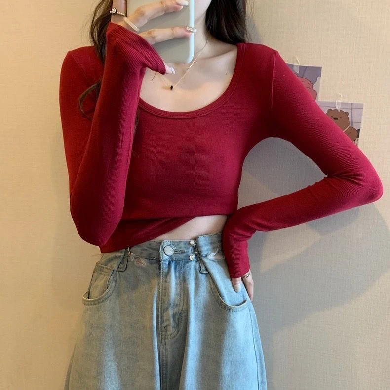 【8817】百搭纯色U领长袖T恤女早秋新款简约内搭打底衫修身显瘦上衣