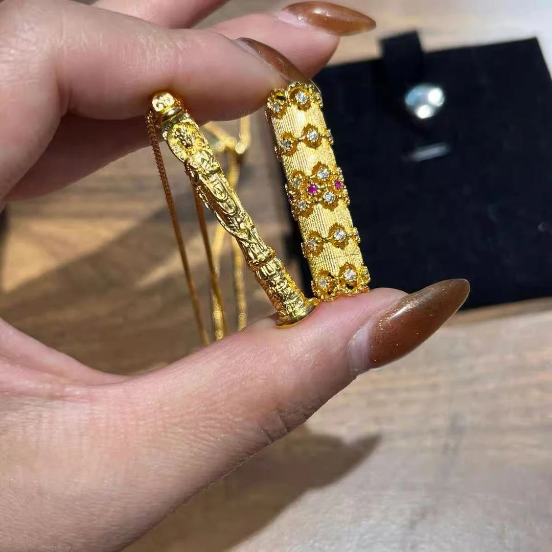 非金属珐琅项链 海卓～古法花丝镂空纱金转筒吊坠随身佛项链女