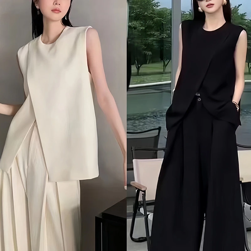 无袖御姐马甲套装女高级感2025夏季气质休闲名媛阔腿裤显瘦两件套