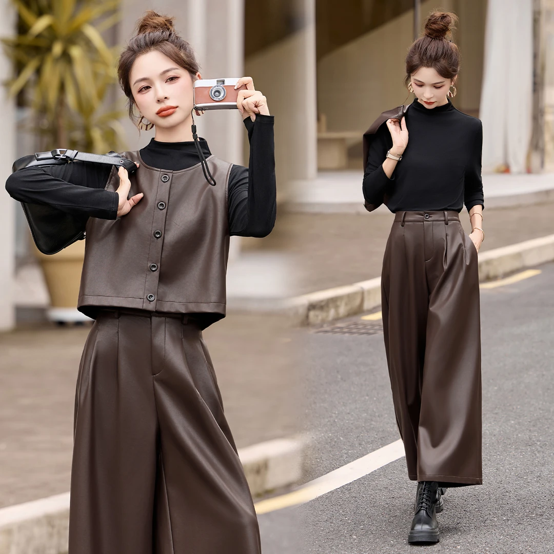法式通勤皮衣马甲套装女2025年秋季新款高级休闲减龄阔腿裤三件套