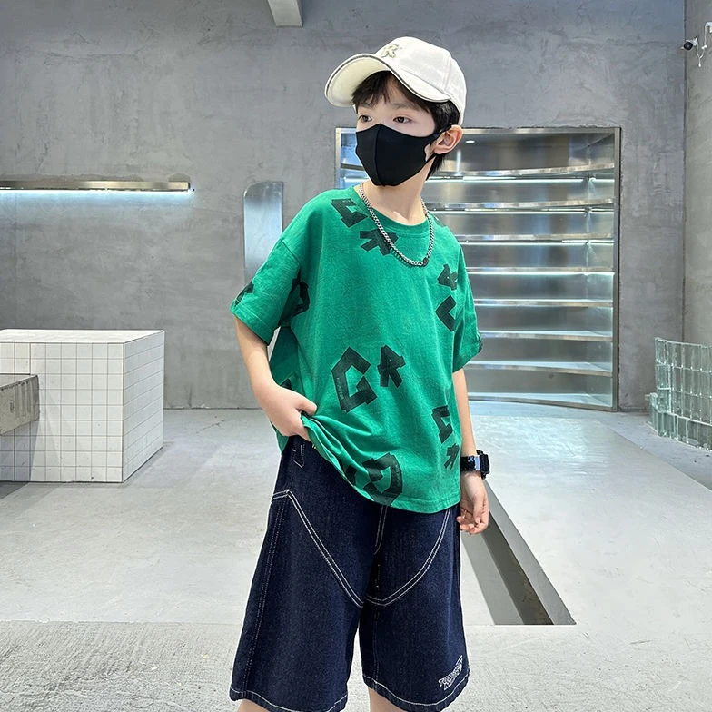 新款男童棉质韩版洋气短袖T恤休闲时尚字母印花潮酷宽松夏季通用