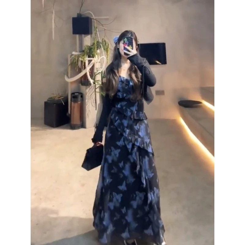 大码胖法式风情万种蝴蝶碎花吊带连衣裙女夏季纯欲不规则长裙子