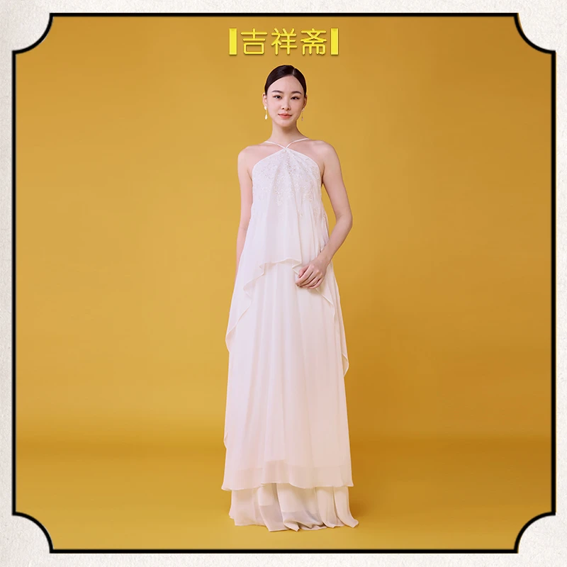 |吉祥斋|凤栖吊带裙桑蚕丝银丝绣花轻盈吊带裙