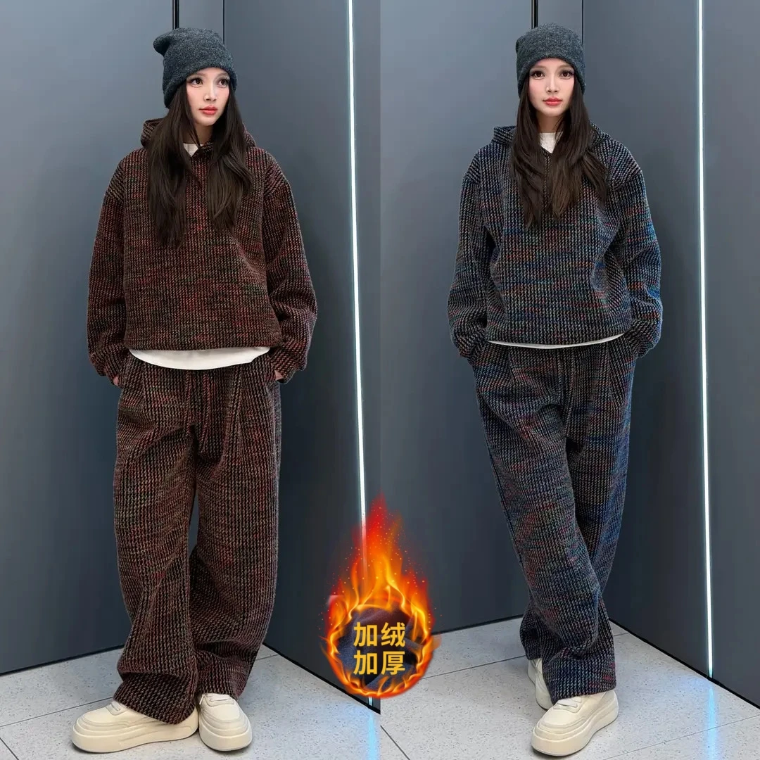 冬季定制情侣款加绒套装免烫抗皱重磅休闲连帽男士秋冬款套装