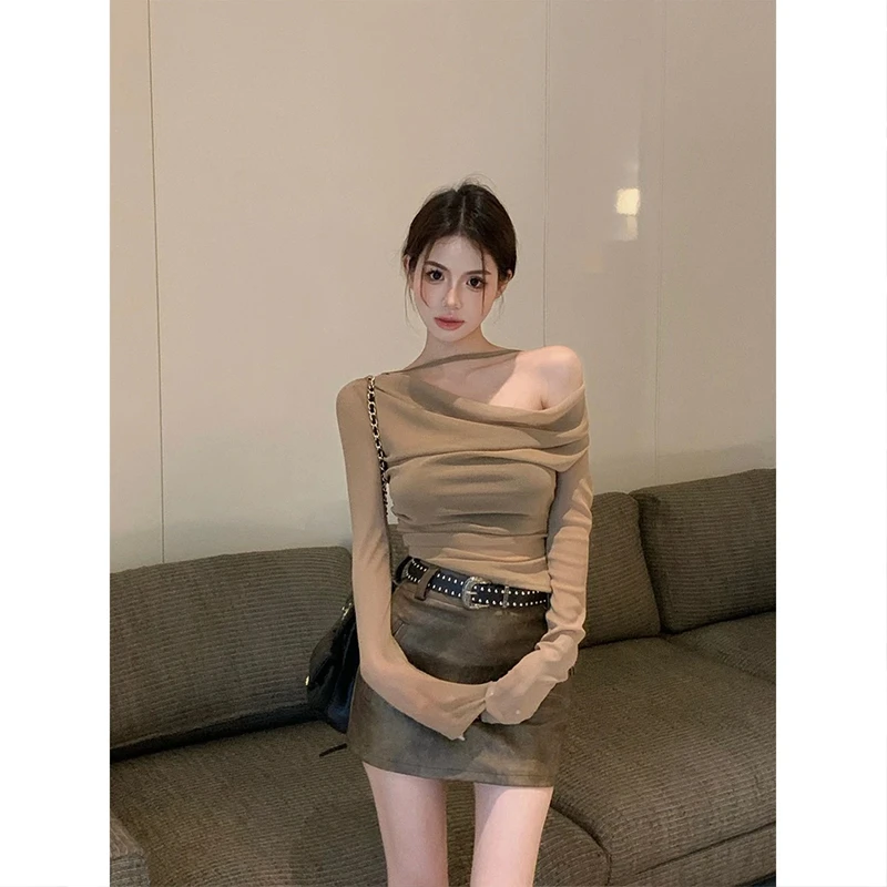 【运补】春秋纯欲荡领露肩长袖t恤女修身显瘦独特小众设计感上衣