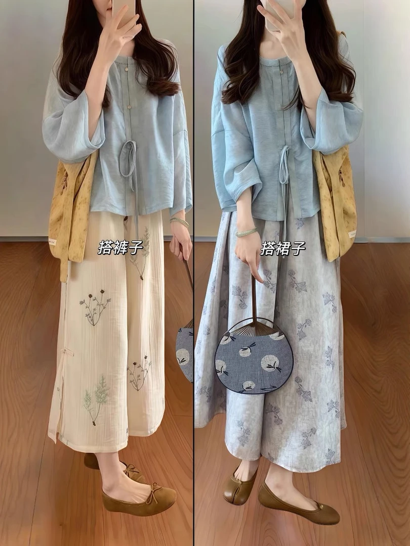 哺乳衣外出辣妈款新中式上衣+阔腿裤套装显瘦刺绣喂奶期穿搭夏装