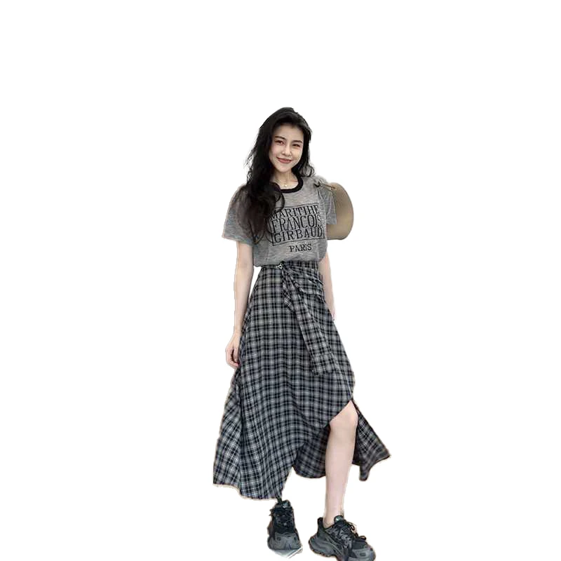 大码胖mm薄款针织短袖女装夏季新款显瘦不规则格子裙裤显瘦两件套