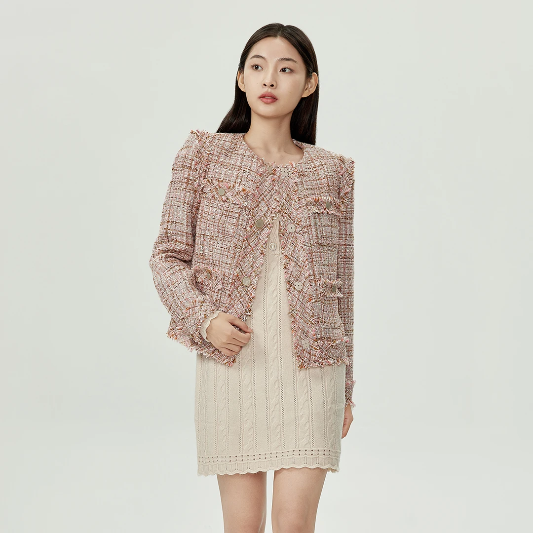 FIVE PLUS法式小香风粗花呢外套女流苏毛边复古排扣2TW3040030