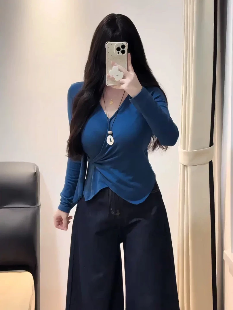 纯色V领针织长袖常规透气显瘦T恤上衣20791（细节以直播间为准）