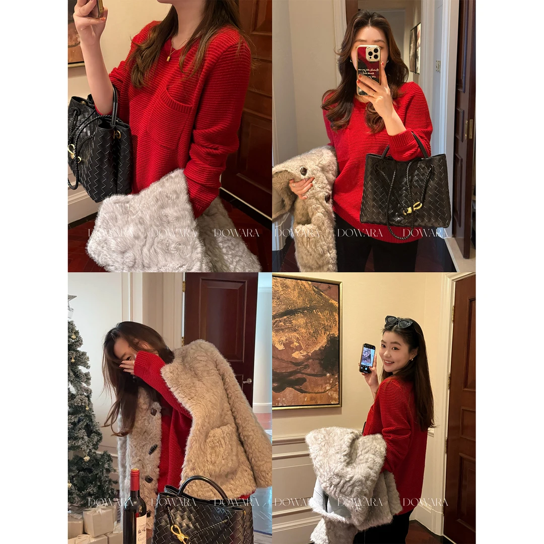 大婉酱微胖定制冬季慵懒圣诞复古宽松红色毛衣加厚毛织上衣 0349D