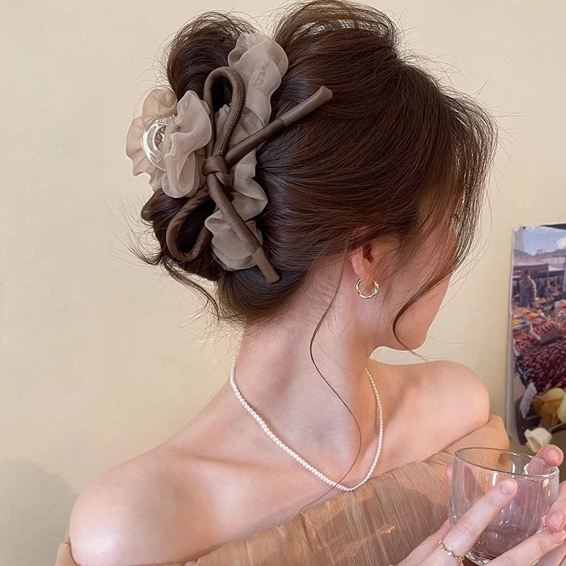 网纱蝴蝶结发夹抓夹女高级感2025新款鲨鱼夹发量大夏日后脑勺头饰