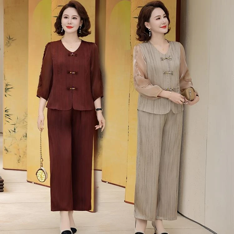 【套装】春夏款妈妈装气质高端七分袖上衣两件套显瘦中老年舒适女装