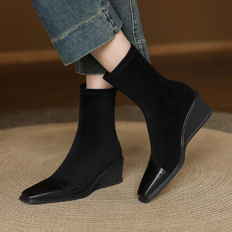 复古方头坡跟马丁靴子弹力瘦瘦靴女2025年新款秋冬切尔西高跟短靴