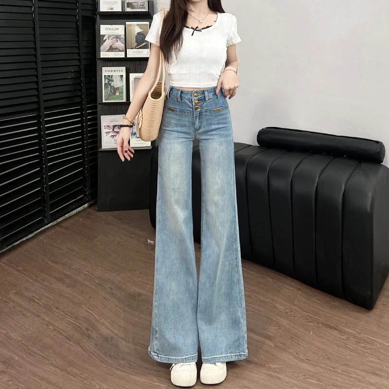 浅蓝色高腰不贴腿喇叭牛仔裤女2025夏季薄款宽松显瘦重工垂感拖地