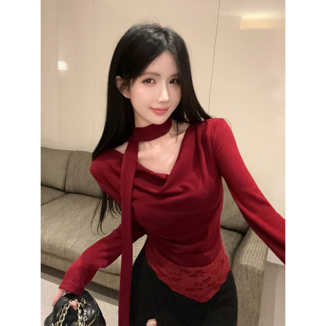 新年氛围感不规则红色荡领长袖T恤蕾丝拼接修身内搭辣妹打底上衣