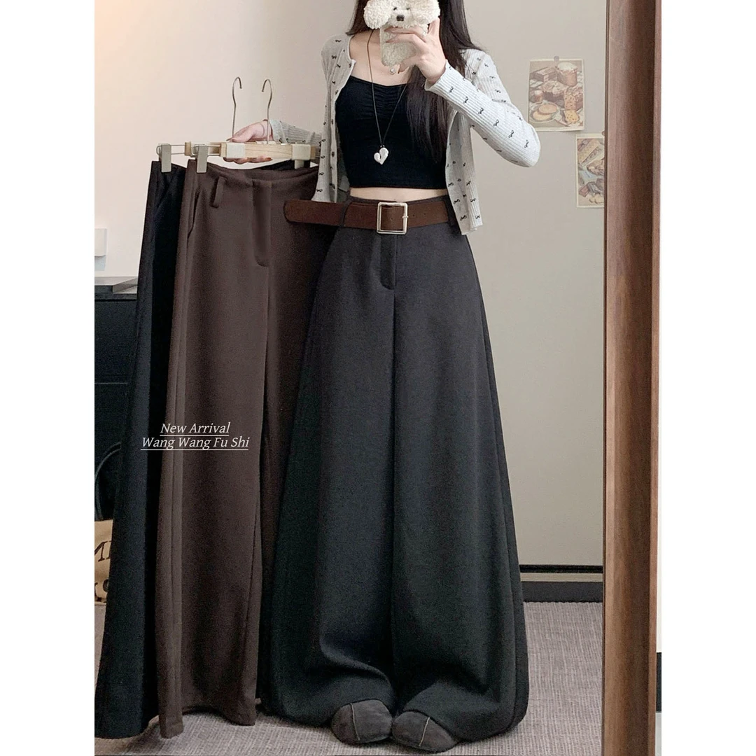 复古灰色高腰系带毛呢休闲裤女冬季垂感宽纯欲风高腰气秋冬花苞