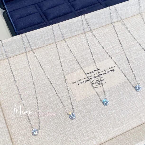 吊坠925银锆石 E427 露思同款6mm单钻925银锁骨链项链