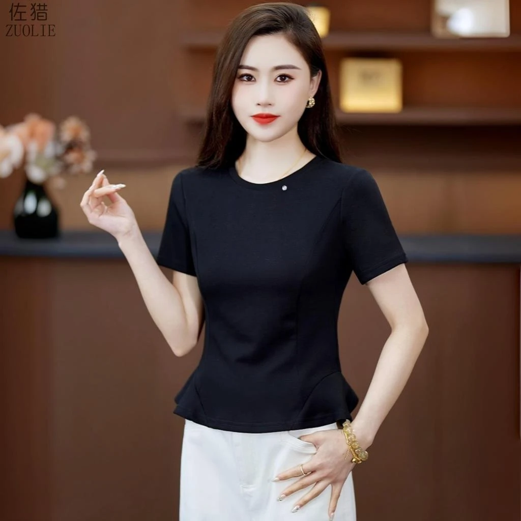 时尚收腰鱼尾圆领T恤女士夏季新款修身百搭简约纯色上衣打底小衫