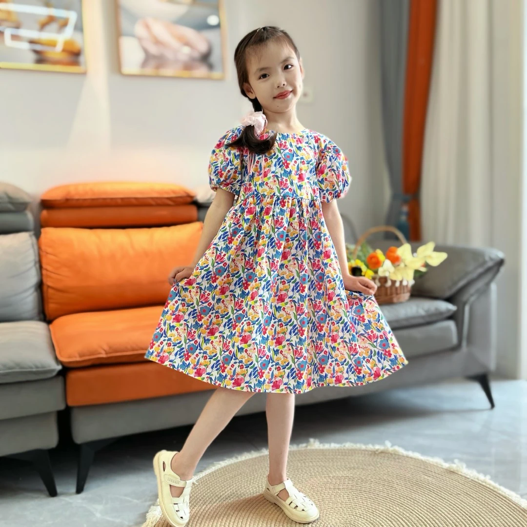 女童连衣裙夏季2025新款碎花裙洋气纯棉儿童裙子夏装泡泡袖公主裙