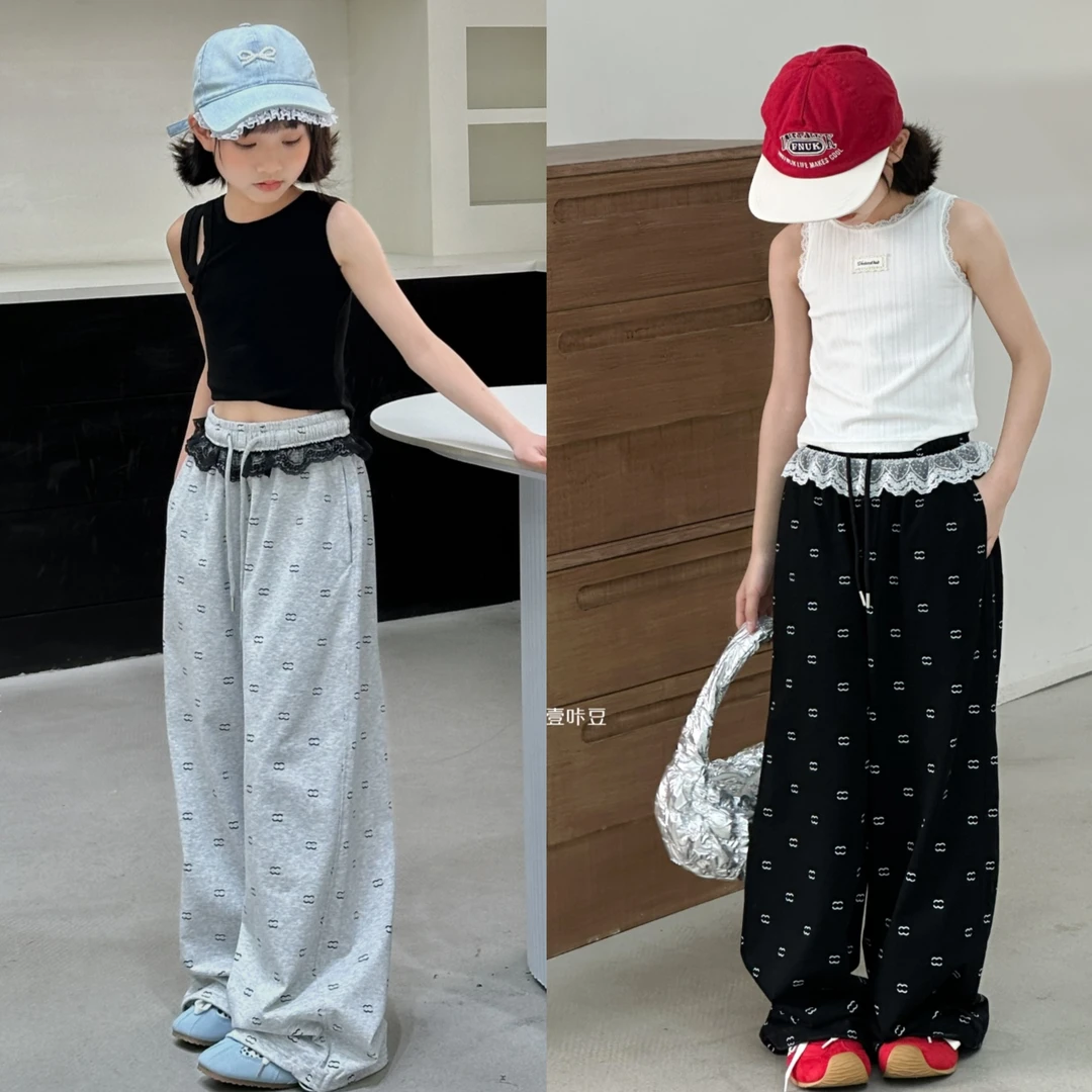 断码清仓捡漏夏季女童蕾丝花边直筒收口针织裤卫裤207237中大童女