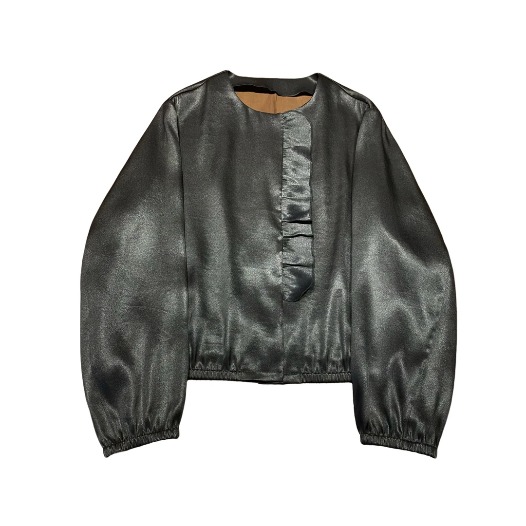 薄款圆领设计感长袖衬衫复古休闲气质