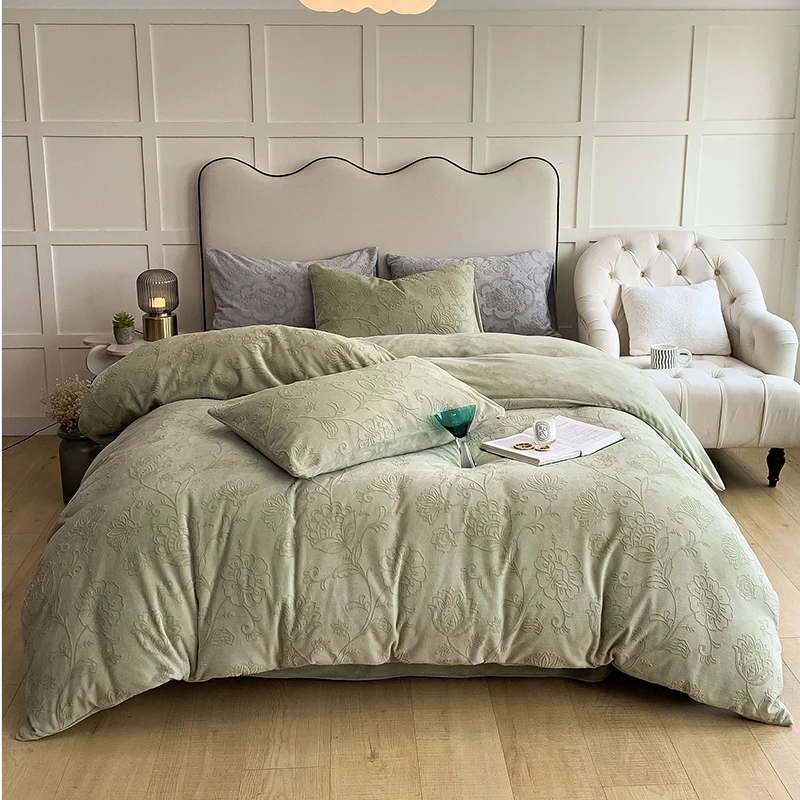 DLK 9094 欧式烂花3D雕花纯色牛奶绒保暖四件套 玛奇朵-抹茶绿