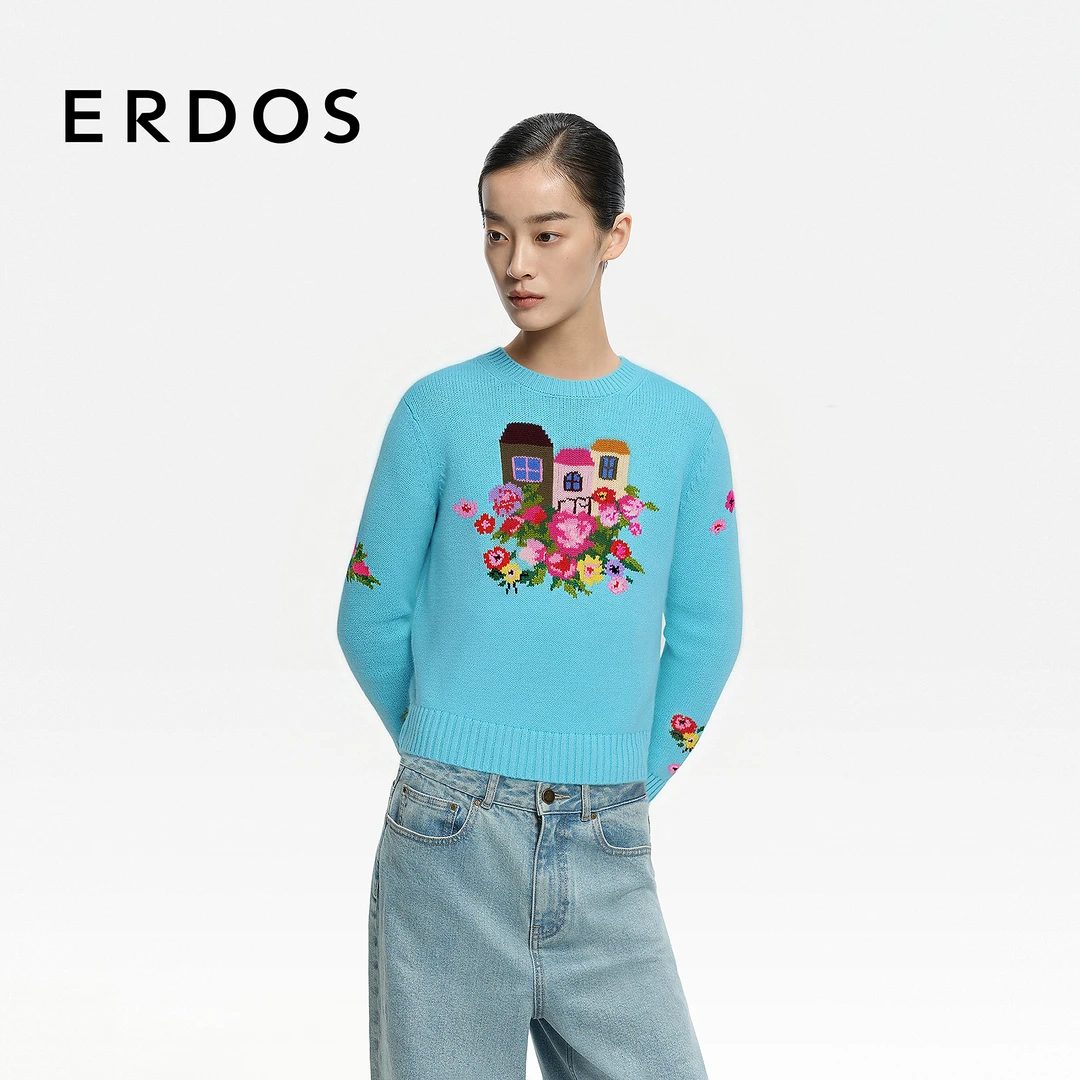 ERDOS 多巴胺提花圆领女羊绒套衫2026年早春新品针织衫恋恋花屋