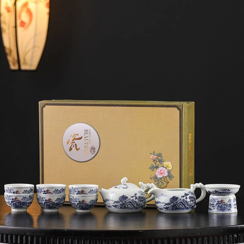 仿古青花茶壶茶具套装礼盒装 复古国潮实用商务伴手茶具