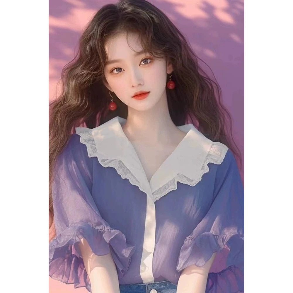 紫色短袖衬衫女2024新款夏季独特漂亮小衫宽松高级感法式雪纺睡衣