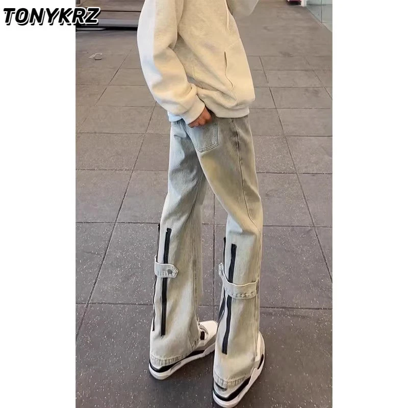 TONYKRZ黄泥色双拉链牛仔裤男夏季美式高街vibe小众微喇弯刀裤子