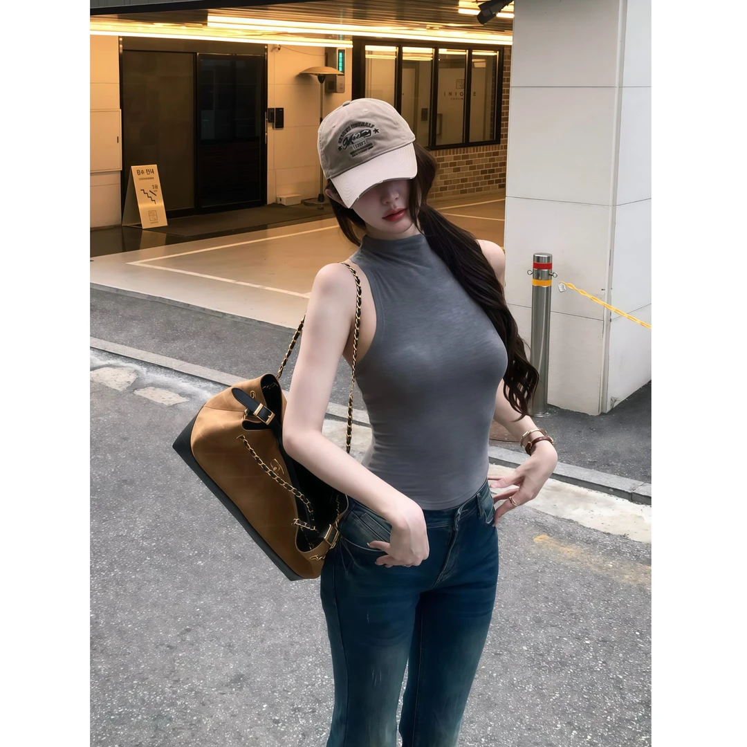 【迷人直角肩】2025夏季新款半高领百搭简约背心上衣配牛仔裤套装女