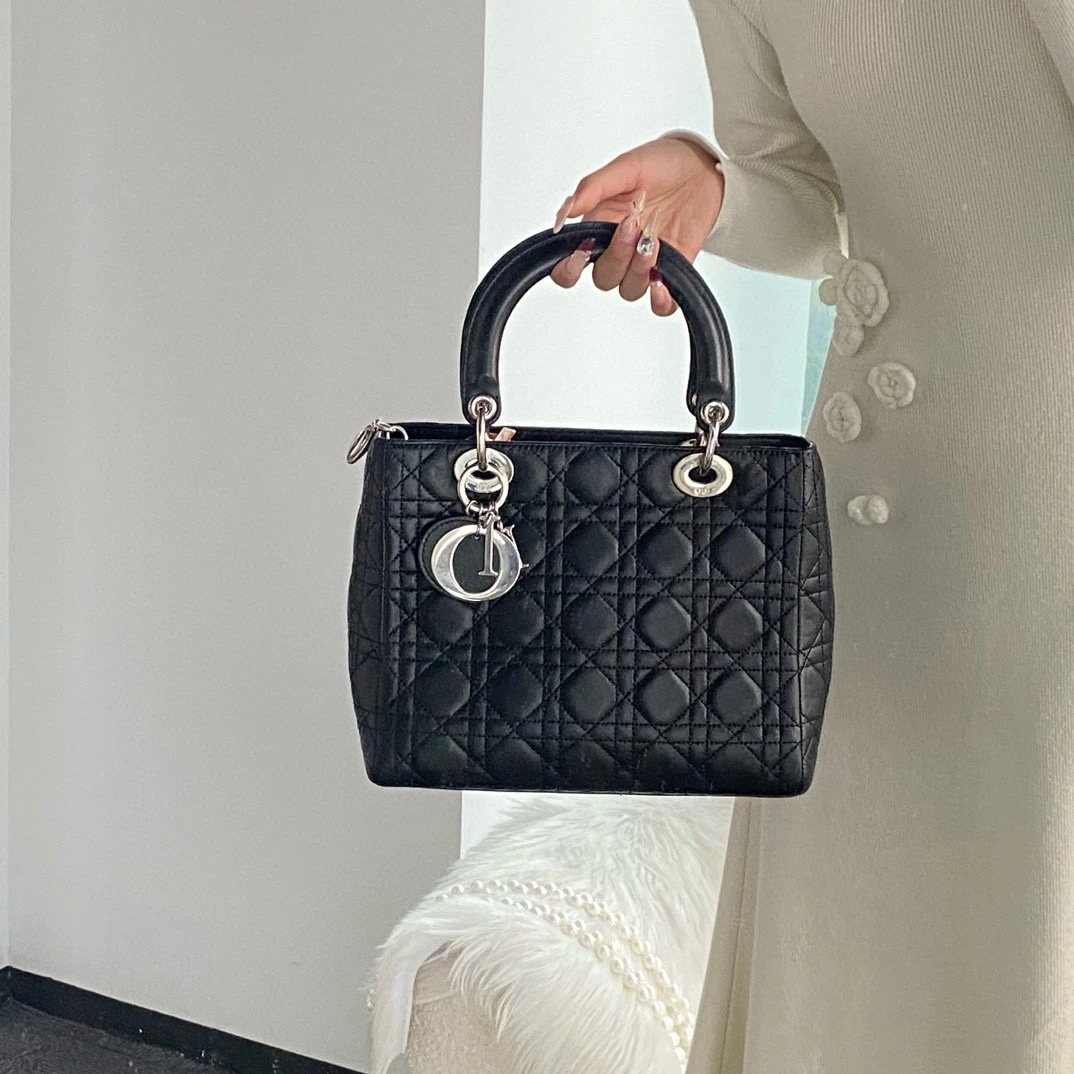 95新 DIOR/迪奥 dior黑银五格戴妃手提包