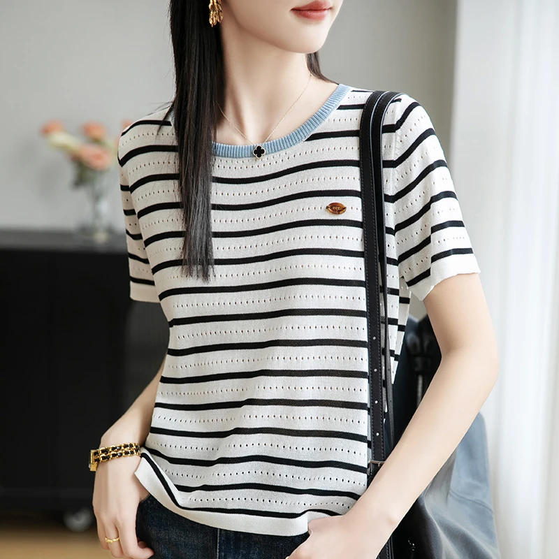 哥弟阿玛施正品夏季条纹短袖圆领针织T恤后开扣镂空宽松亚麻小衫