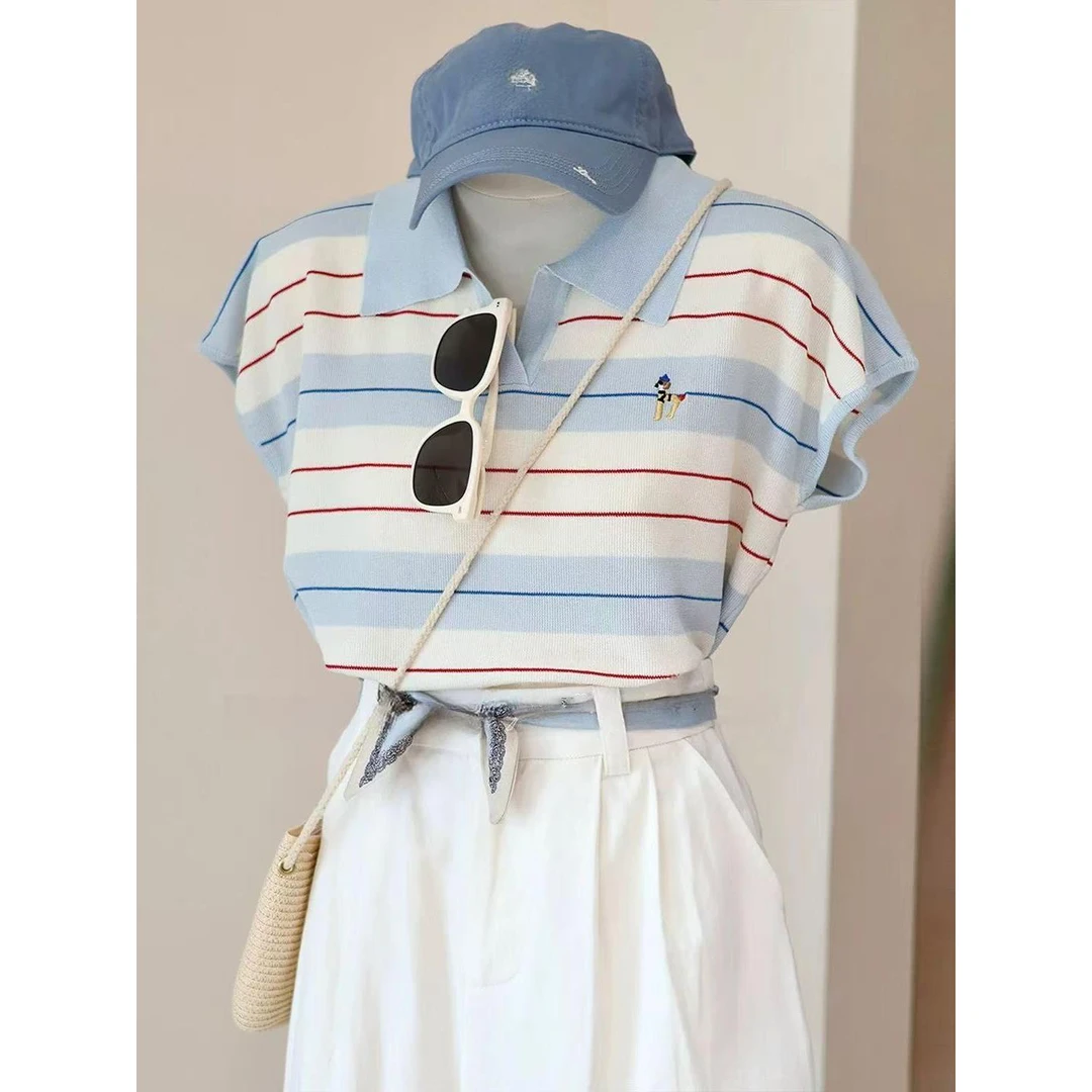 浅蓝色条纹polo领正肩针织短袖T恤女夏季设计感小众显瘦短款上衣