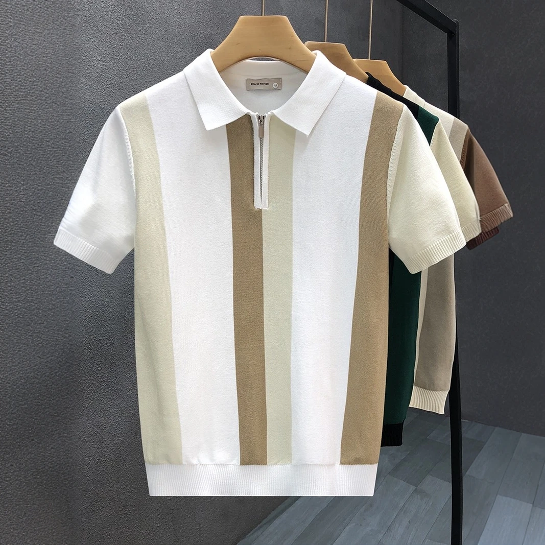 梦泡官方半拉链洋气冰丝薄款短袖针织衫男假男男士薄款针织开衫