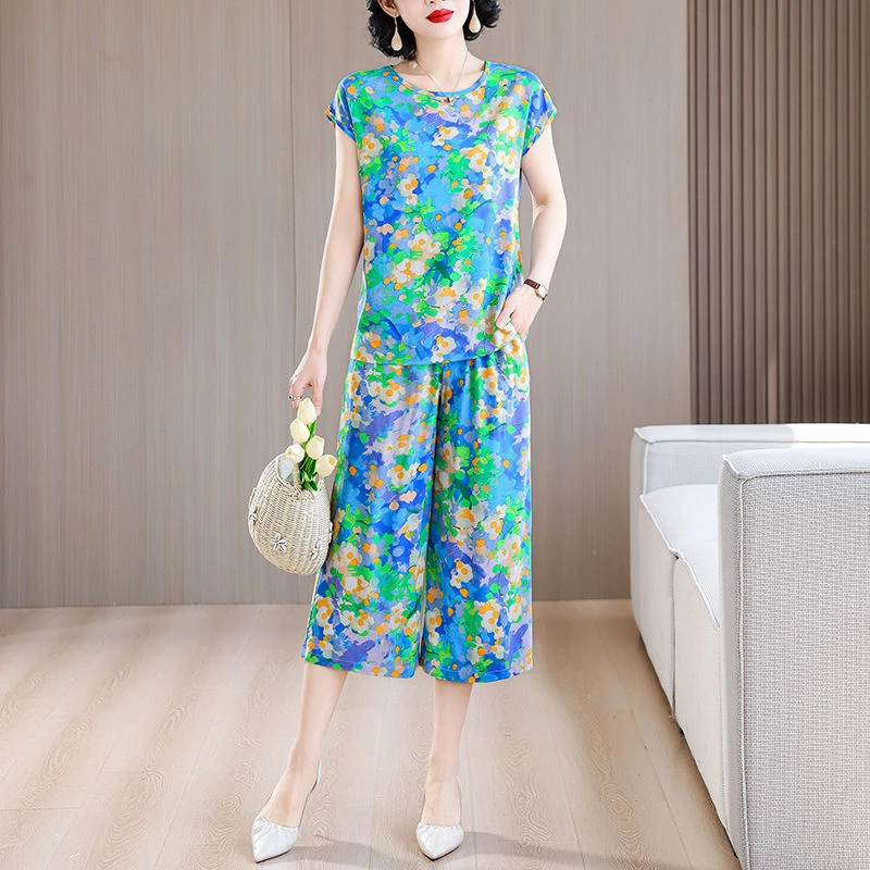 新款棉绸套装女夏季气质洋气妈妈宽松遮肚减龄显瘦大码休闲两件套