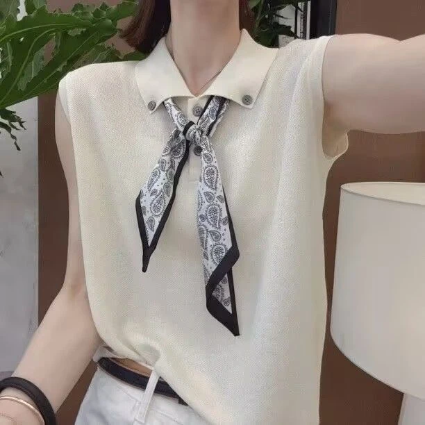 新款韩版百搭修身显瘦Polo领T恤女时尚翻领丝巾针织无袖背心上衣