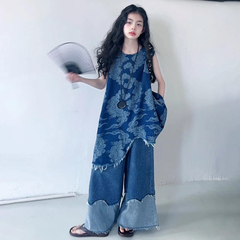 女童2025春夏新款洋气设计牛仔图腾圆领背心裙国风牛仔阔腿裤套装