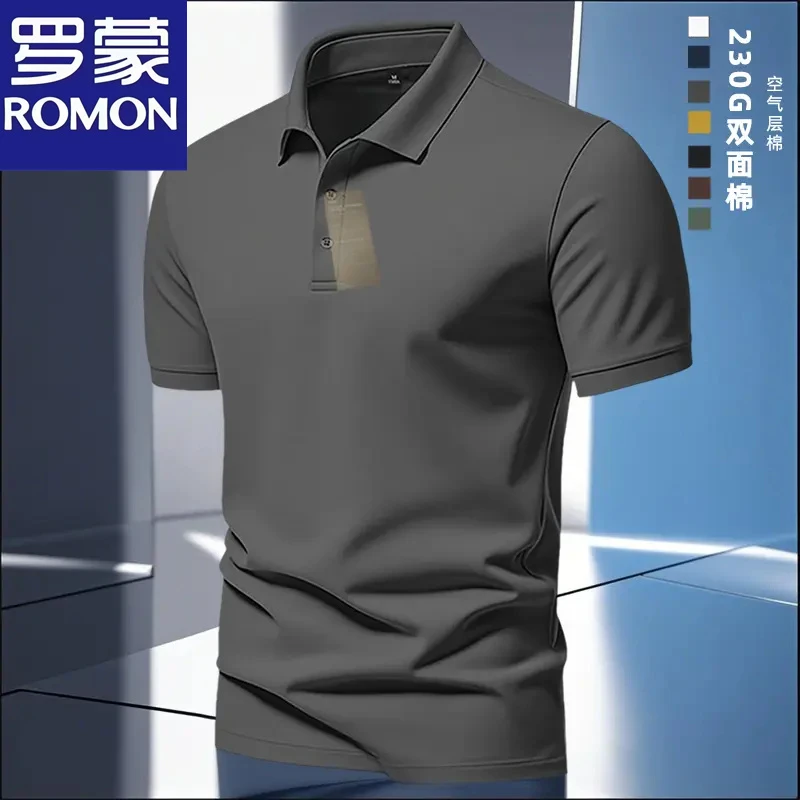Romon/罗蒙复古夏季宽松时尚痞帅简约商务男士T恤翻领短袖polo衫