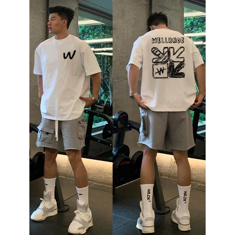 【重磅纯棉】男士短袖T恤运动宽松潮流ins五分上衣印花圆领街头