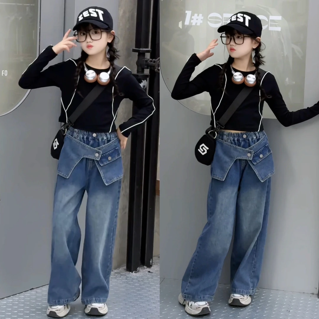 女童套装2025新款春装网红炸街洋气牛仔裤打底衫韩系穿搭儿童衣服
