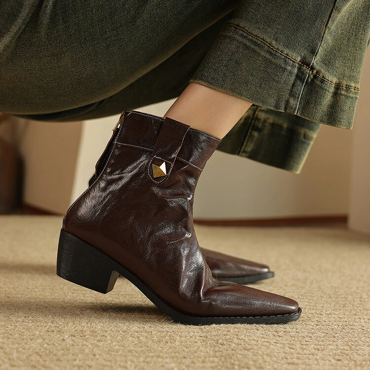 4.5cm~老钱风复古方头后拉链切尔西短靴女2025秋冬真皮及踝靴短靴