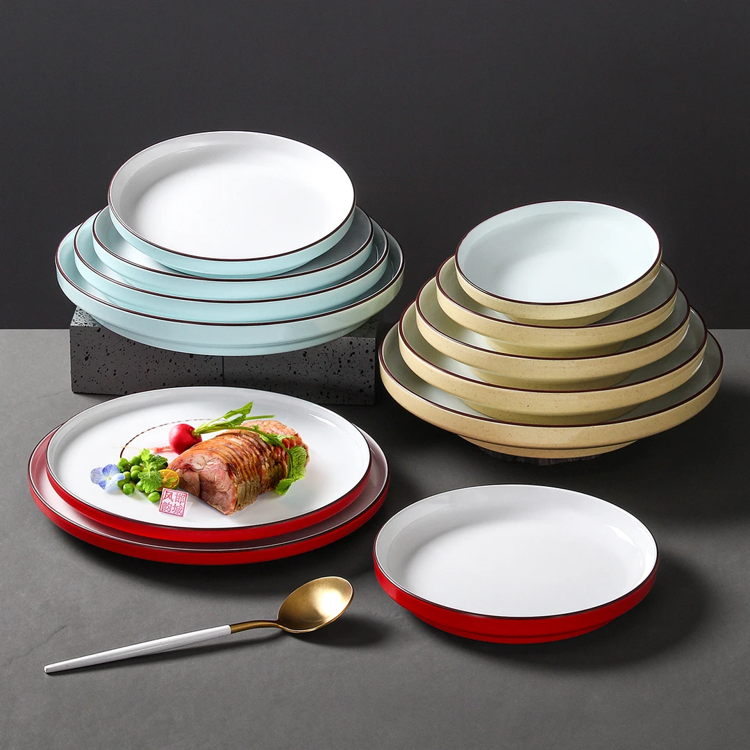 密胺餐具商用饭堂餐厅高档圆形凉菜冷菜深盘创意双色西餐牛排摆盘