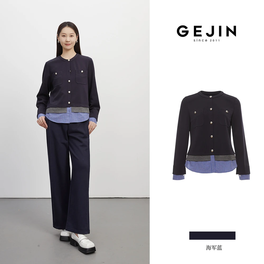 GEJIN/歌锦秋季新款圆领拼接设计感复古长袖针织衫9332572305