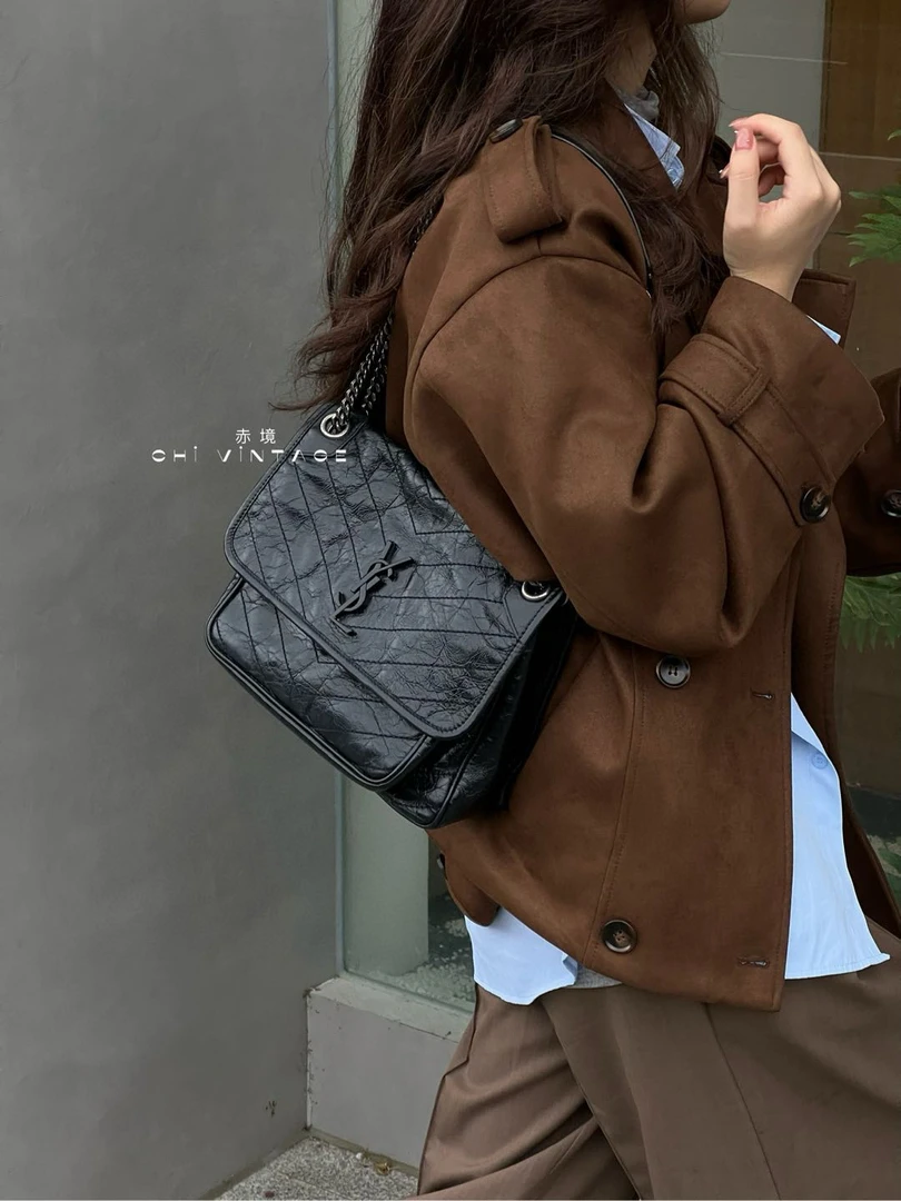 95新 YSL/圣罗兰 7347 黑色niki单肩包中号