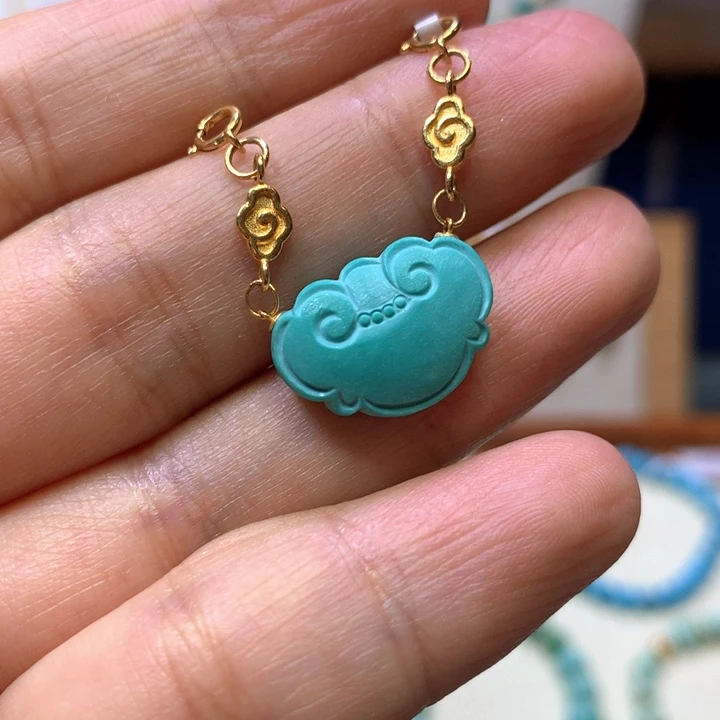 绿松石18K金镶嵌福锁半挂链