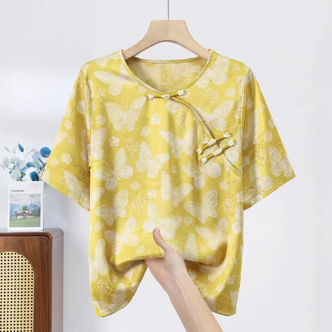 新款云锦提花轻薄精品盘扣夏款短袖