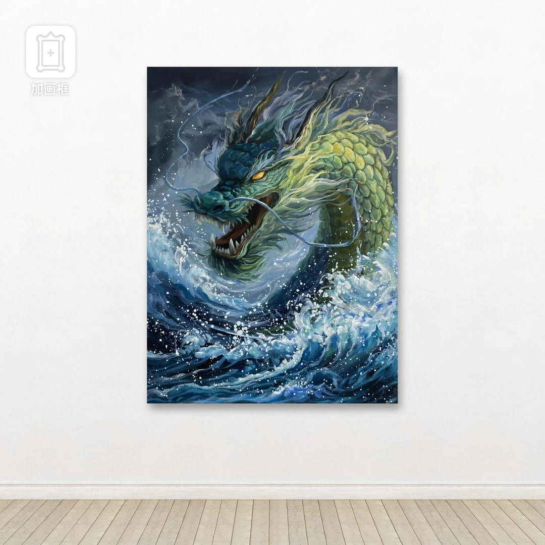 手绘中国青龙神兽高级感丙烯油画龙腾四海客厅玄关立体装饰画