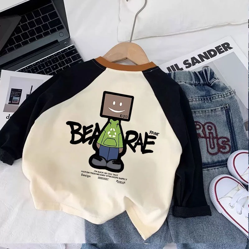 纯棉儿童长袖拼接T恤男女童韩版秋装打底衫小童宝宝春秋卡通上衣T